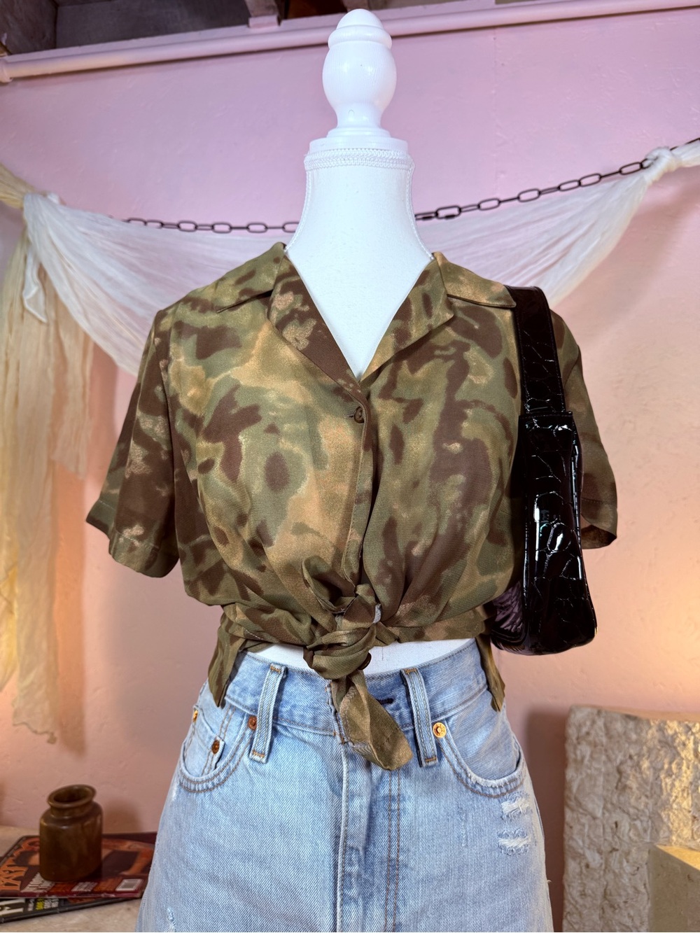 Vintage Delia’s Inspired Camo Tie Front Blouse Y2K Grunge Fairy Top